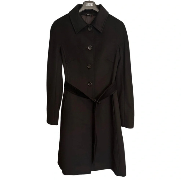 Max Mara  Studio 100% Virgin Wool Trench Coat Size 12 Black Belted Italy Luxury - Picture 1 of 16
